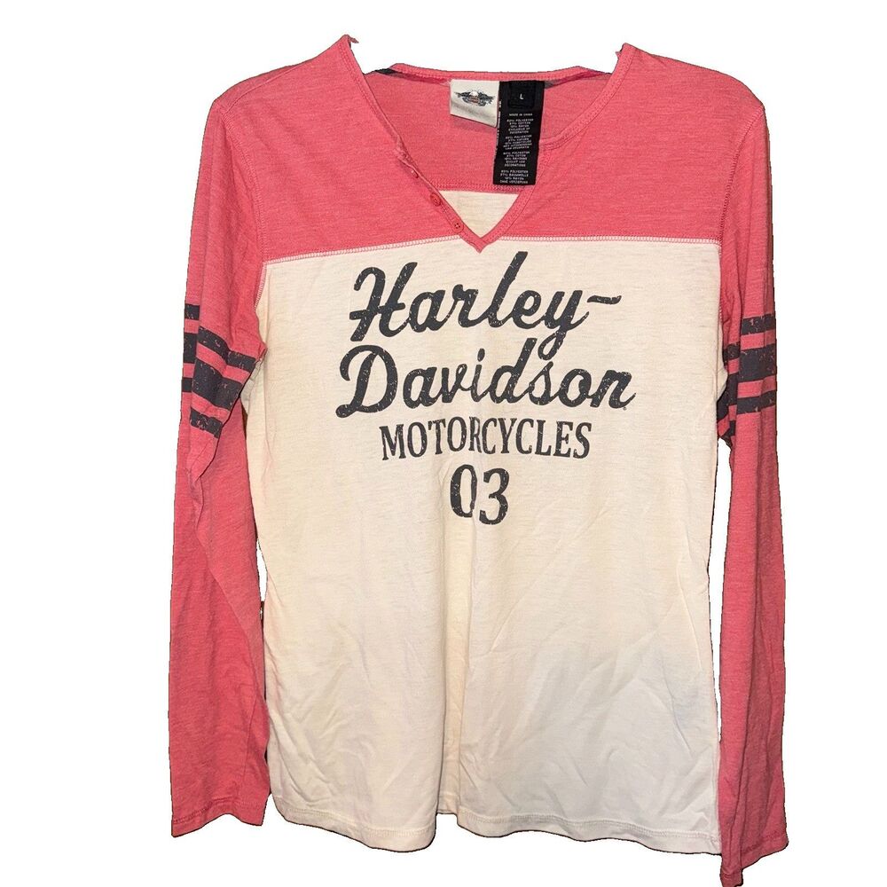 Harley-Davidson Motorcycles Pink White Long Sleeve Top Large